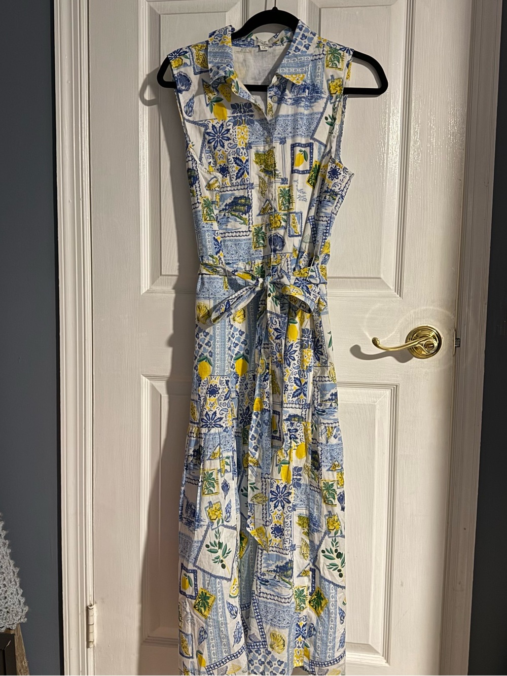 J Crew Sleeveless Collared Midi Dress in Blue, Yellow & White